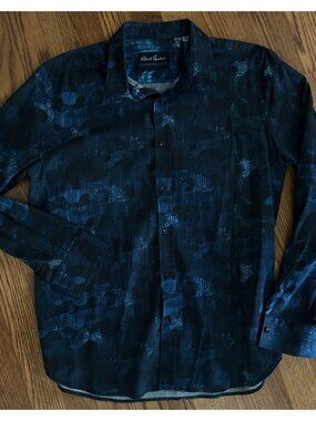 Men's Robert Graham dark blue camo print like pattern button down shirt XL